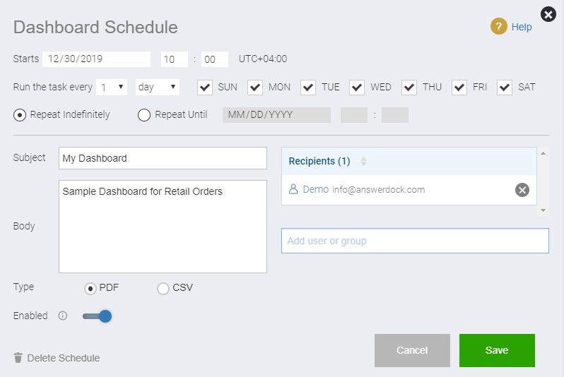 dashboard schedule popup