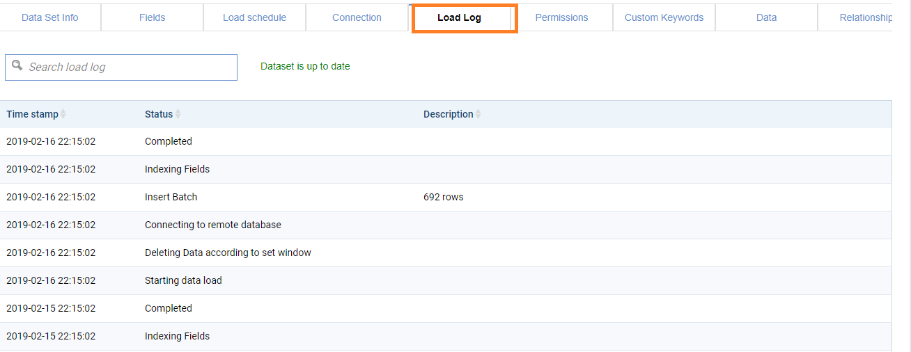 Datasets Load Log